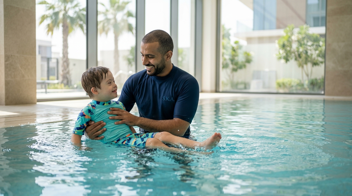 Child training in the water with a swimming instructor